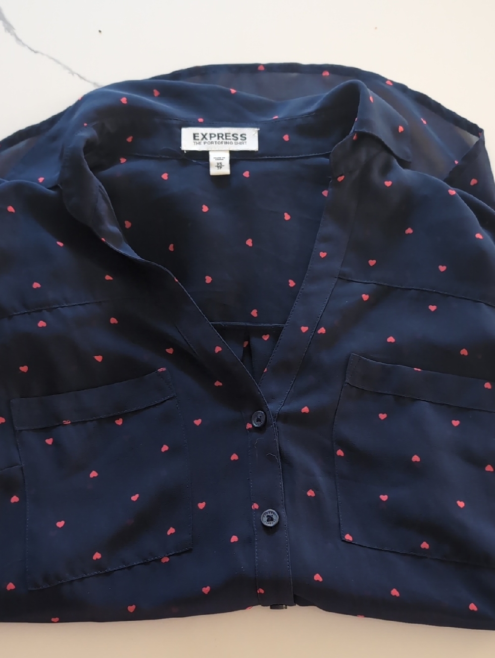Express Navy Blouse with Small Red Heart Print